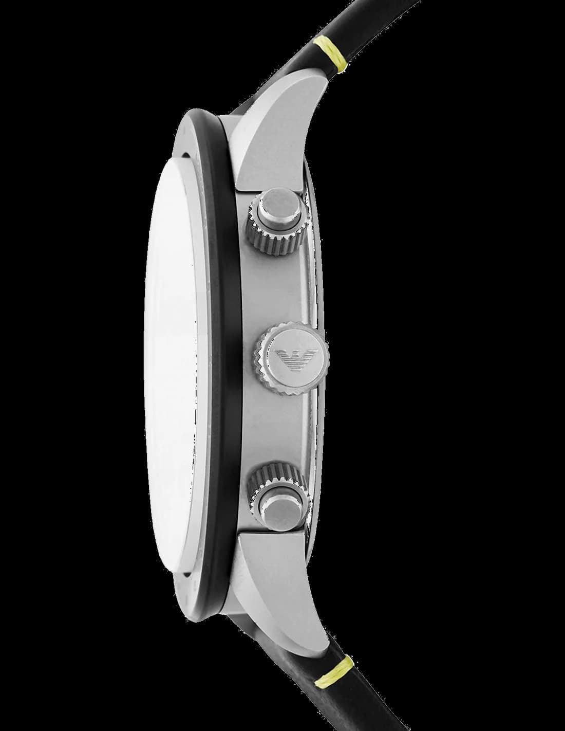 Visage cadran Emporio Armani AR11325 avec index bâtons appliqués, compteur 30 minutes à 3h et petite seconde à 9h, date à 4h30