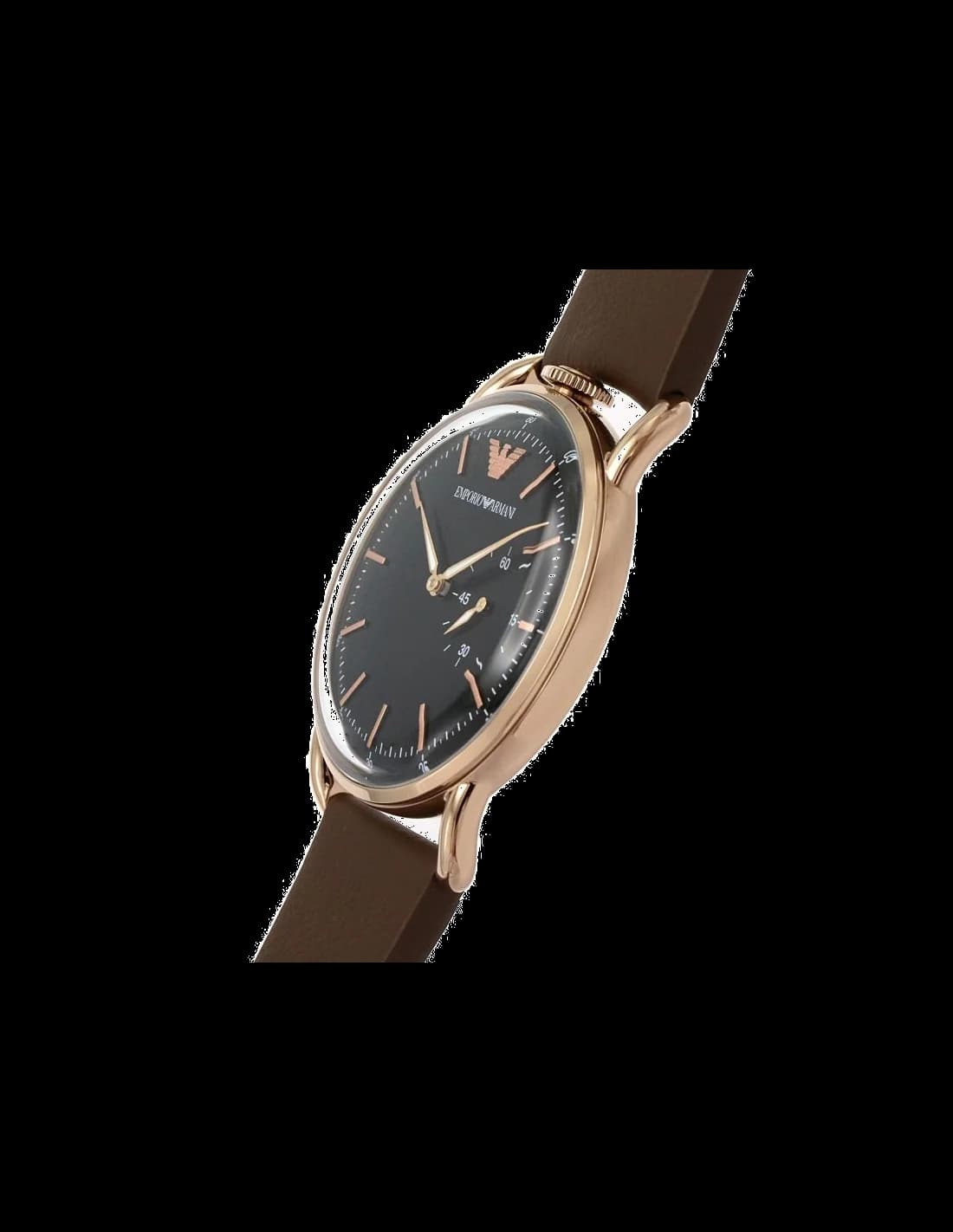 Attache bracelet Emporio Armani AR11337 en cuir brun vintage avec surpiqûres ton sur ton, boucle ardillon or rose, robustesse et confort au poignet