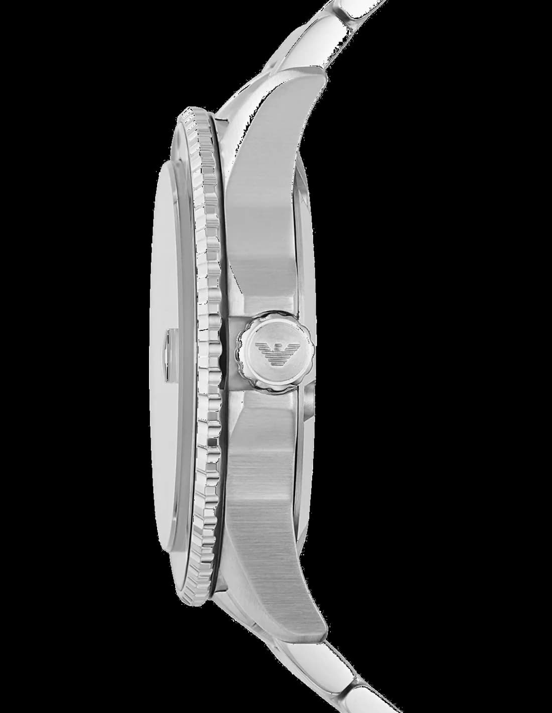 Visage cadran Emporio Armani AR11338 avec index bâtons polis et aiguilles à pointe lumineuse, date à 3h