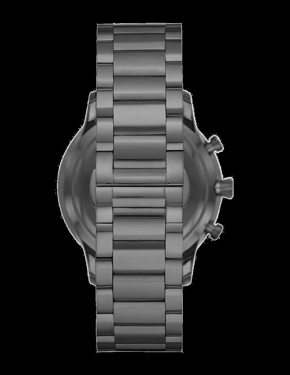 Visage cadran Emporio Armani AR11348 composé d'aiguilles et index argentés, date à 3h sur fond noir texturé