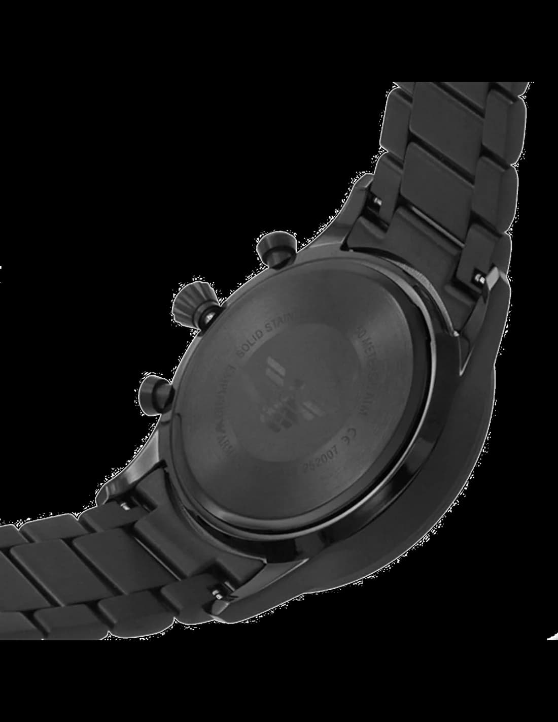 Attache bracelet Emporio Armani AR11349 en acier noir brossé avec fermoir déployant triple boucle, maillons H et inserts en caoutchouc