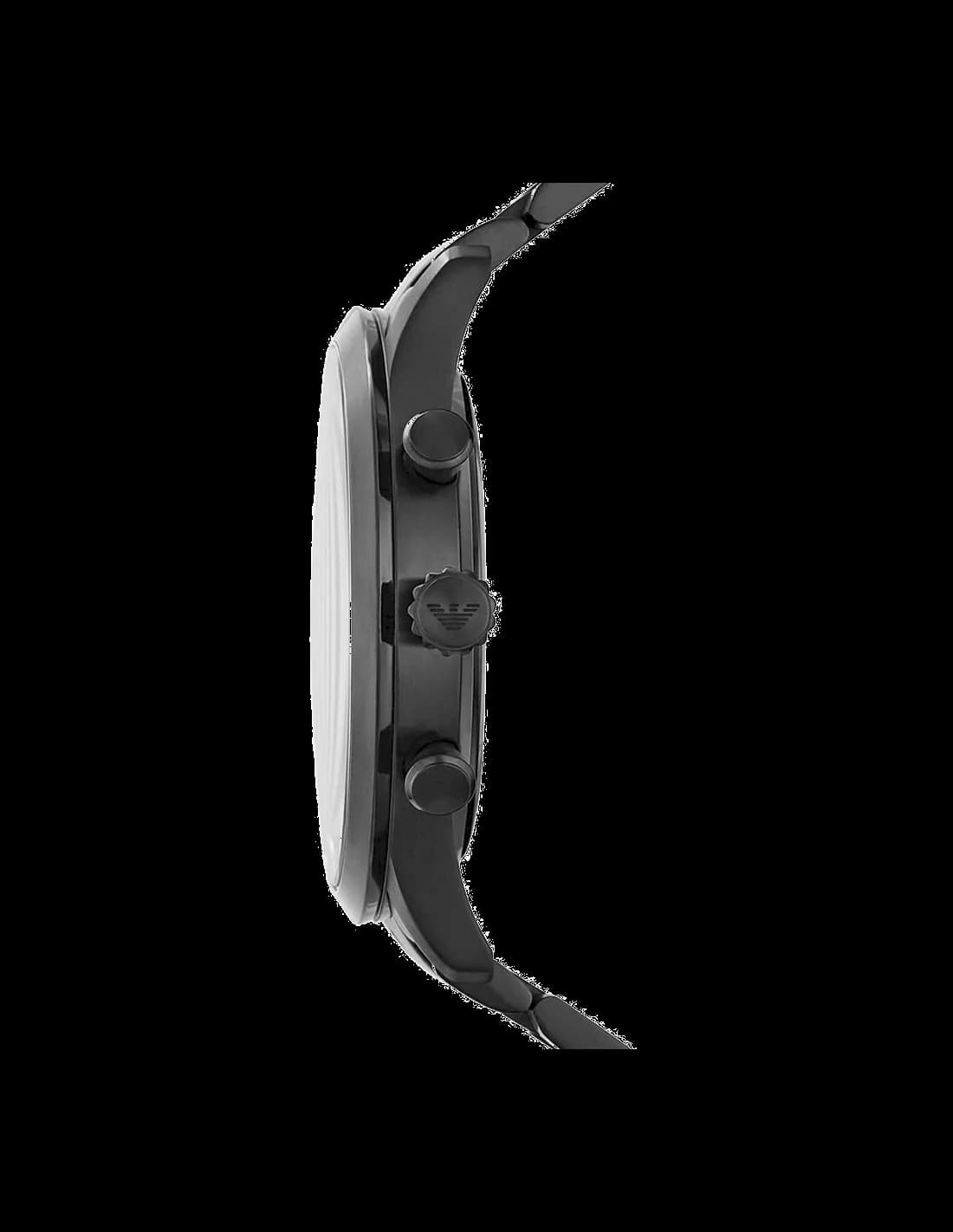 Lunette boîtier Emporio Armani AR11349 ronde en acier inoxydable noir, lunette fixe lisse, verre minéral, couronne crantée et poussoirs chrono