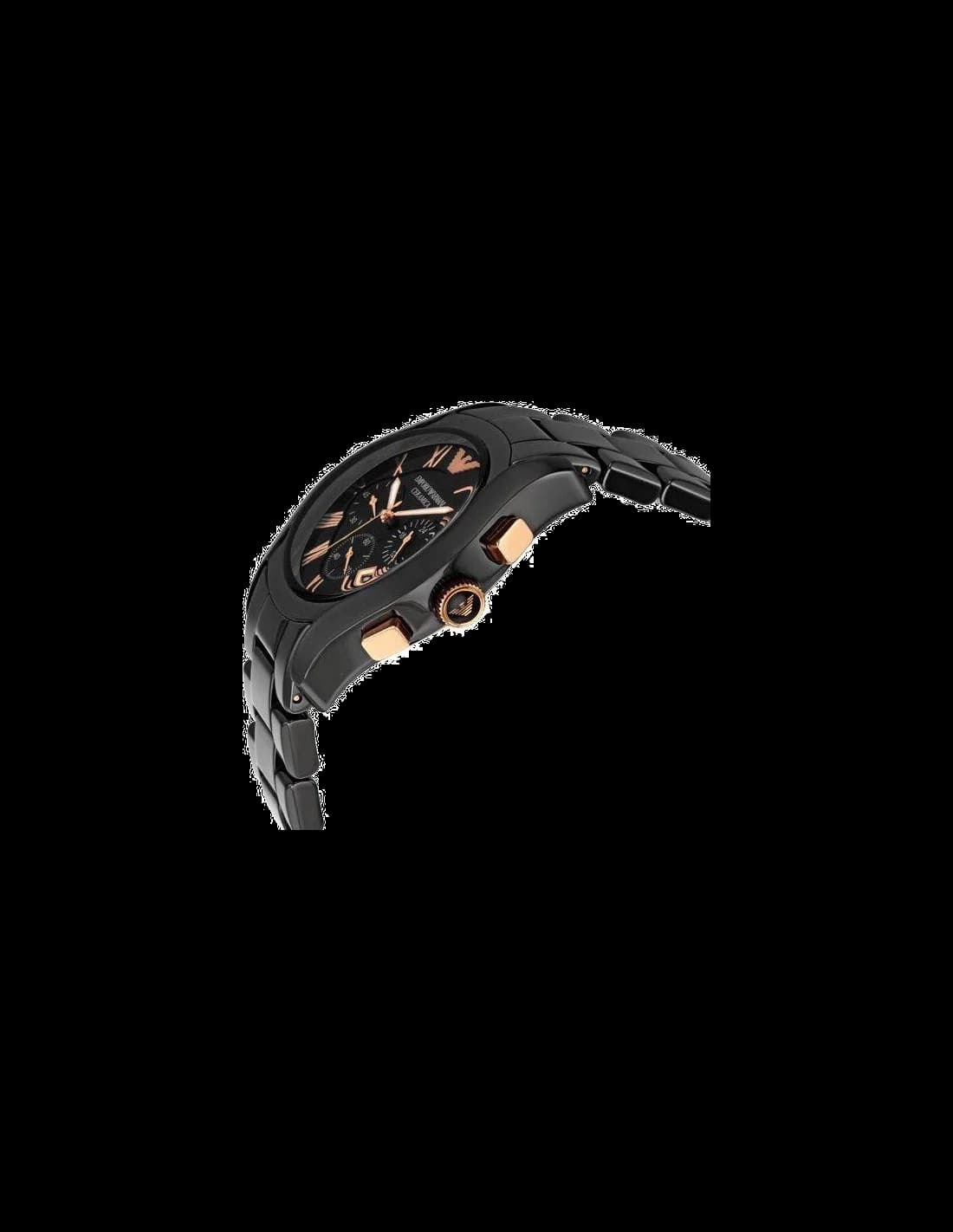 Visage cadran Emporio Armani AR1410 dévoile ses index appliqués et aiguilles squelettes sur fond noir mat, date à 3h