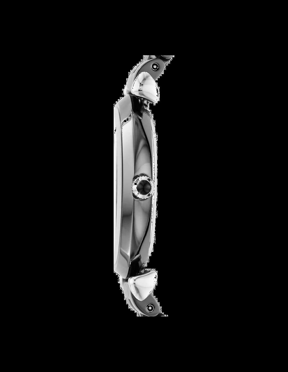 Visage cadran Emporio Armani AR1487 avec index bâtons et aiguilles argentés, date à 3h, design épuré et contemporain