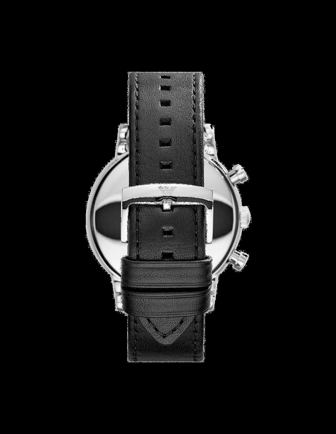 Attache bracelet Emporio Armani AR1807 en cuir noir cousu main avec boucle ardillon signée du logo Emporio Armani et surpiqûres contrastantes