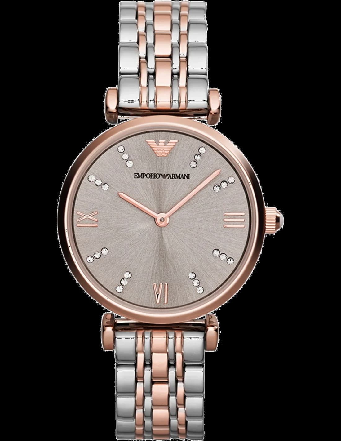 Montre Femme Emporio Armani AR1840 - Cadran Bronze, Bracelet Acier Bi-ton Argent/Or Rose, Index Strass
