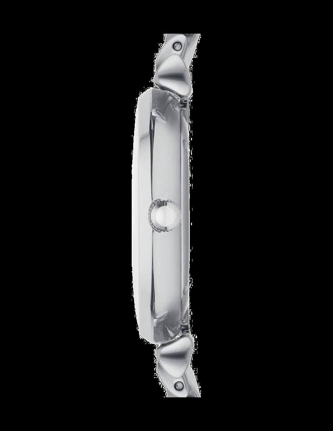 Visage cadran Emporio Armani AR1908 dévoile index appliqués en acier poli, aiguilles dauphine et guichet date à 3h sur nacre naturelle