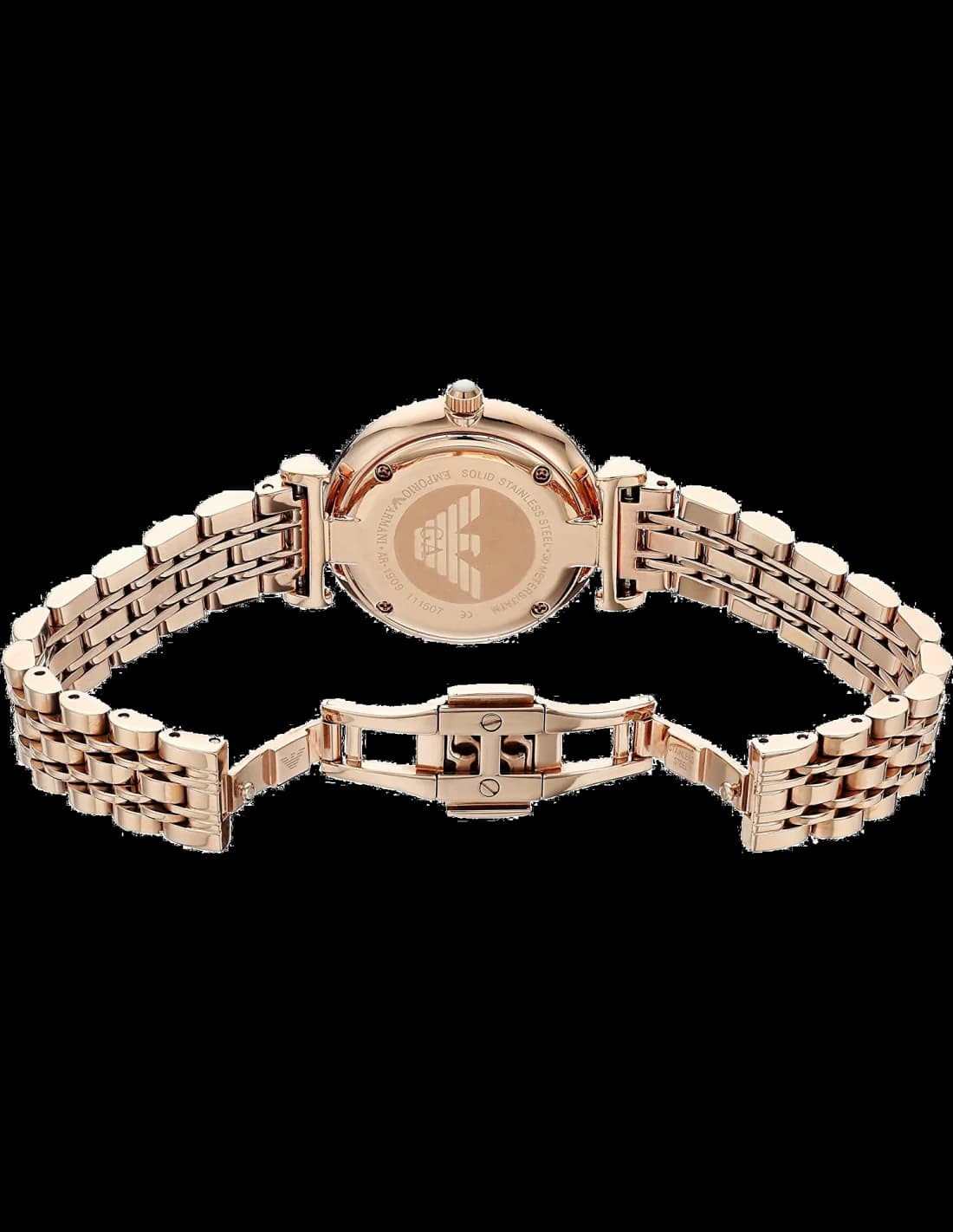 Attache bracelet Emporio Armani AR1909 en acier or rose, maillons fins ajustables, fermoir déployant double sécurité gravé du logo