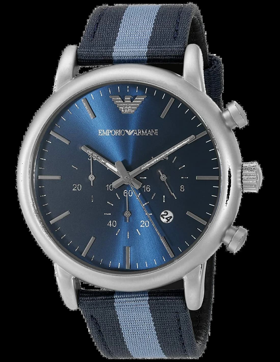 Montre Homme Emporio Armani AR1949 Chronographe Cadran Bleu Bracelet NATO Bicolore
