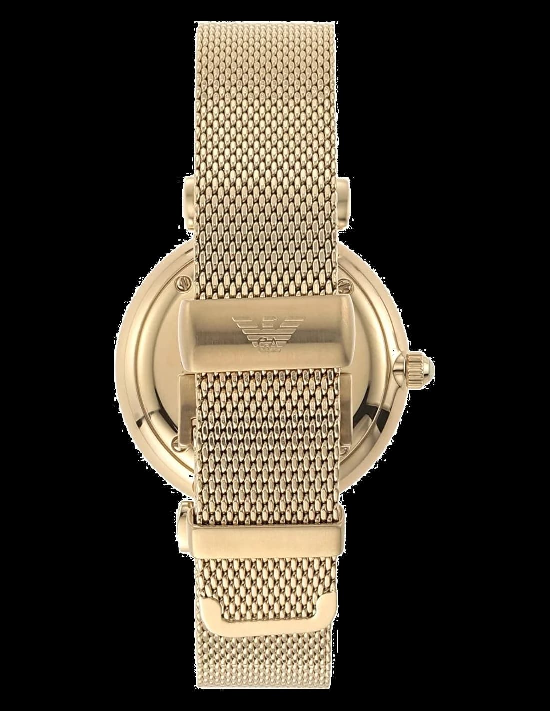 Attache bracelet Emporio Armani AR1957 en maille milanaise dorée avec fermoir déployante ajustable, finition satinée