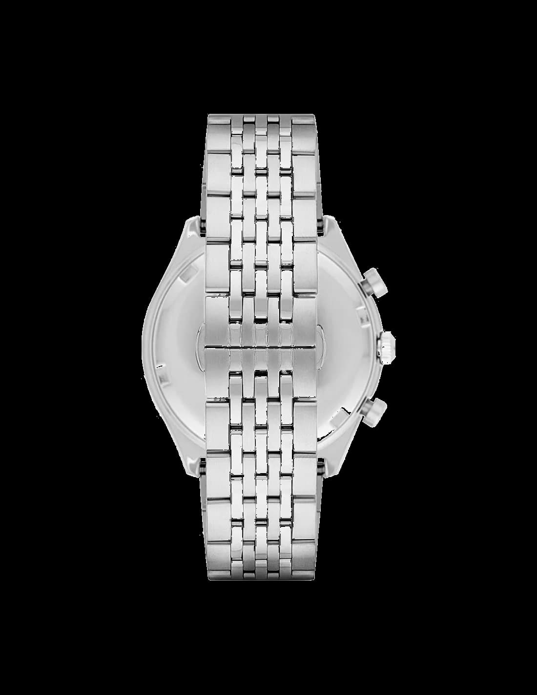 Attache bracelet Emporio Armani AR1974 en acier inoxydable argenté à maillons plats, fermoir déployant triple boutons-poussoirs gravé du logo EA