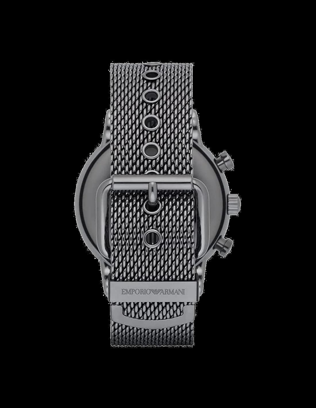 Attache bracelet Emporio Armani AR1979 en maille milanaise gunmetal, fermoir déployant ajustable pour un confort maximal