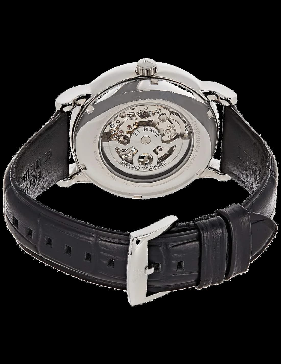 Attache bracelet Emporio Armani AR1981 en cuir noir cousu main avec boucle ardillon en acier brossé signée du logo EA