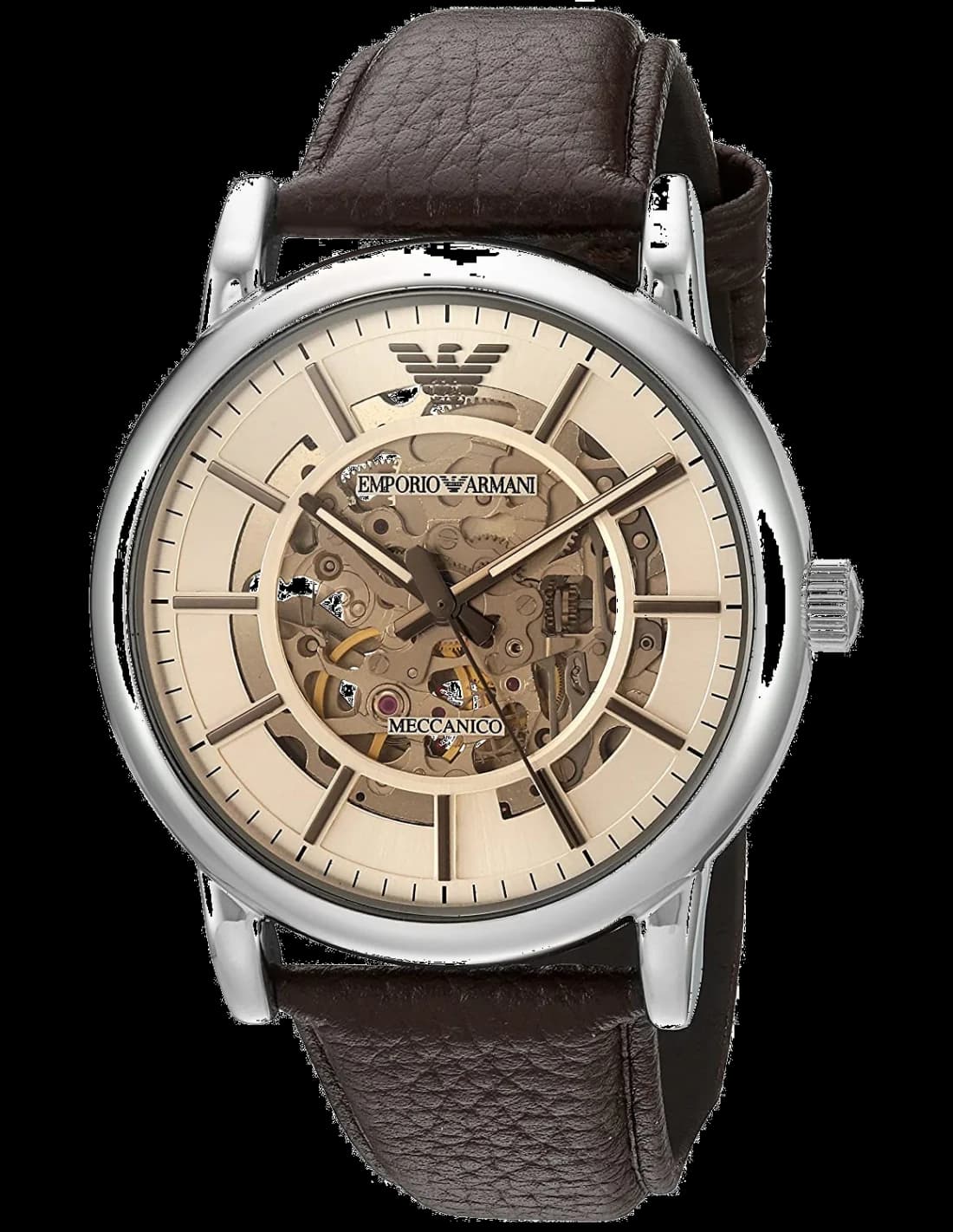 Montre Homme Emporio Armani AR1982 Automatique Squelette Cadran Bronze Bracelet Cuir Marron