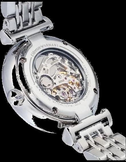Visage cadran Emporio Armani AR1991 dévoile index bâtons appliqués et aiguilles squelettées sur fond ouvert