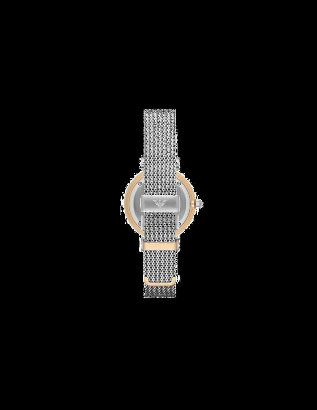 Attache bracelet Emporio Armani AR2068 en acier inoxydable maillé argenté, fermoir déployante double sécurité, finition polie