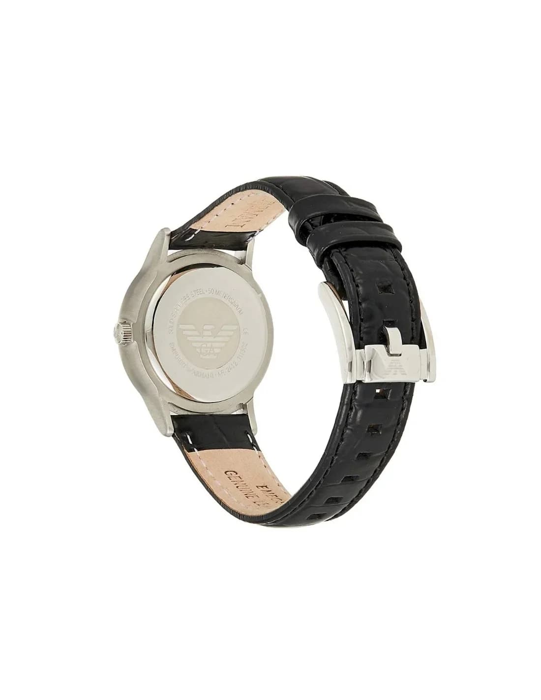 Visage cadran Emporio Armani AR2412 révélant finition guillochée soleillée, index appliqués et aiguilles dauphine bleuies