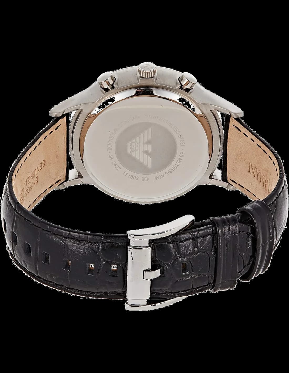 Visage cadran Emporio Armani AR2432 affichant trois sous-compteurs chronographe, guichet date à 4h30 et aiguilles luminescentes