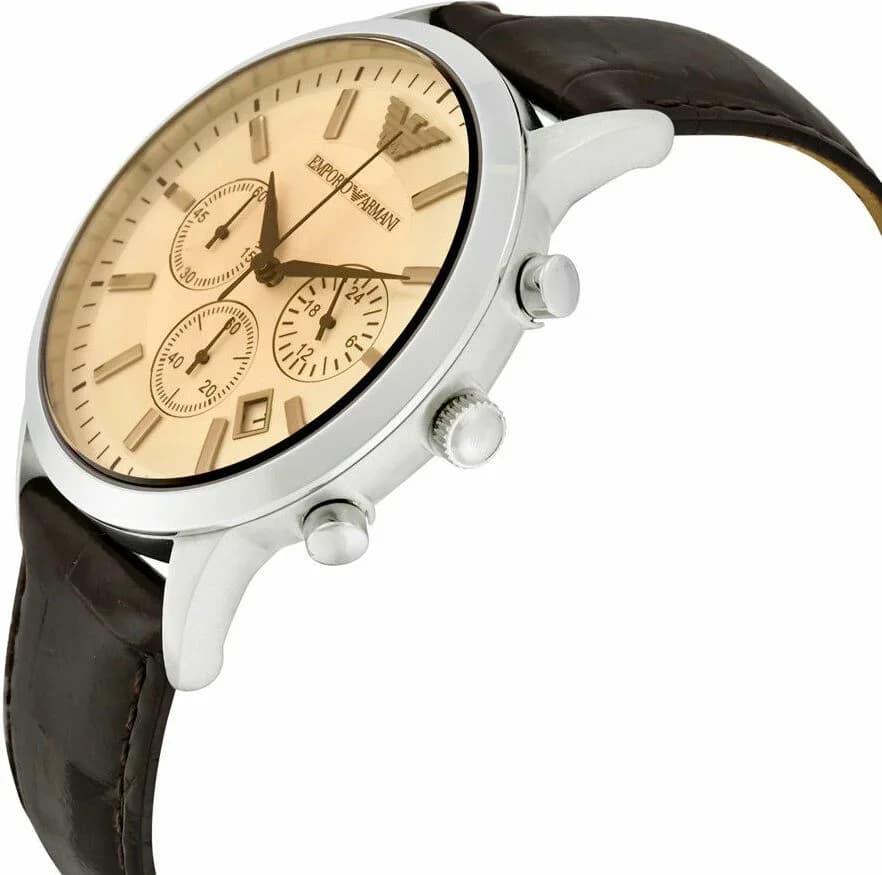 Visage cadran Emporio Armani AR2433 avec index appliqués bâtons polis, aiguilles dauphine et date à 3h