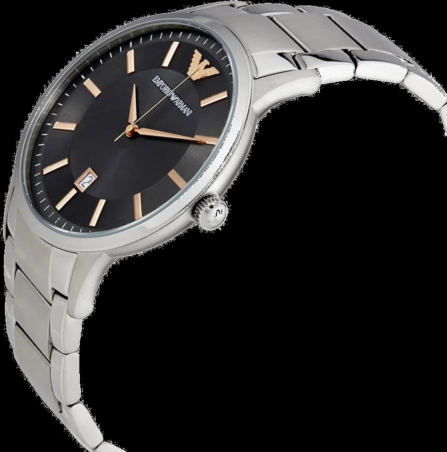 Visage cadran Emporio Armani AR2514 dévoile index appliques or rose et aiguilles baton assorties sur noir mat