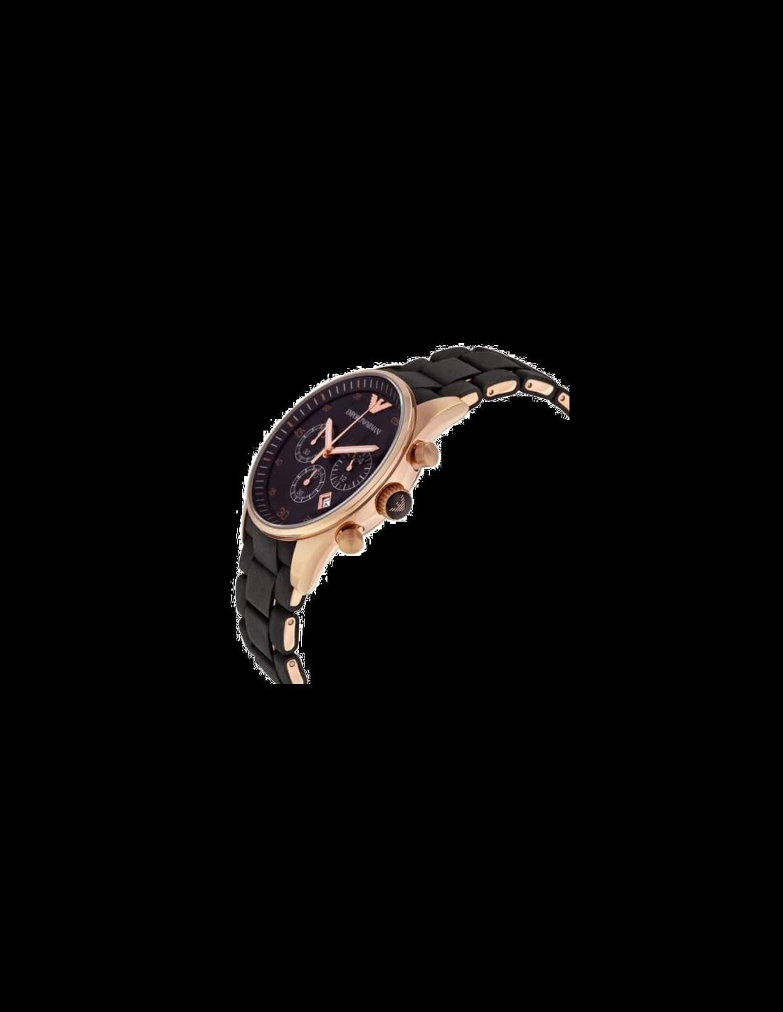 Attache bracelet Emporio Armani AR5905 en silicone noir texturé, fermoir déployant acier PVD or rose, confort ajustable