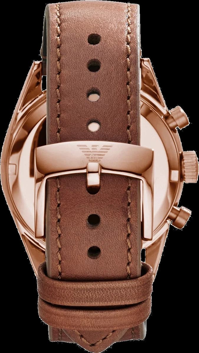 Visage cadran Emporio Armani AR5996 avec index appliques bâtons, aiguilles dauphine, date à 3h, finition soleillée