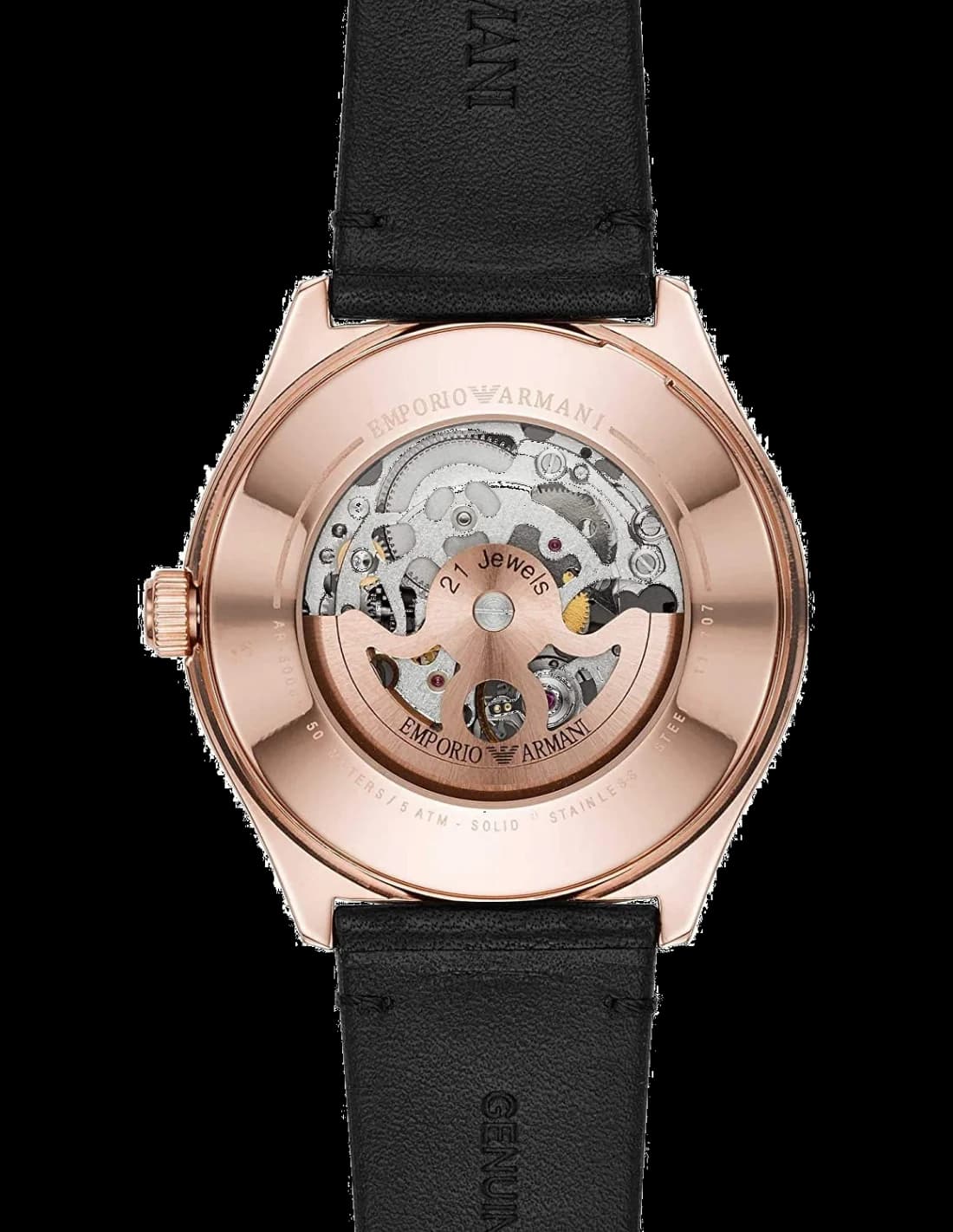 Visage cadran Emporio Armani AR60004 dévoile aiguilles squelette, index appliqués et guichet date à 3h sur fond noir givré