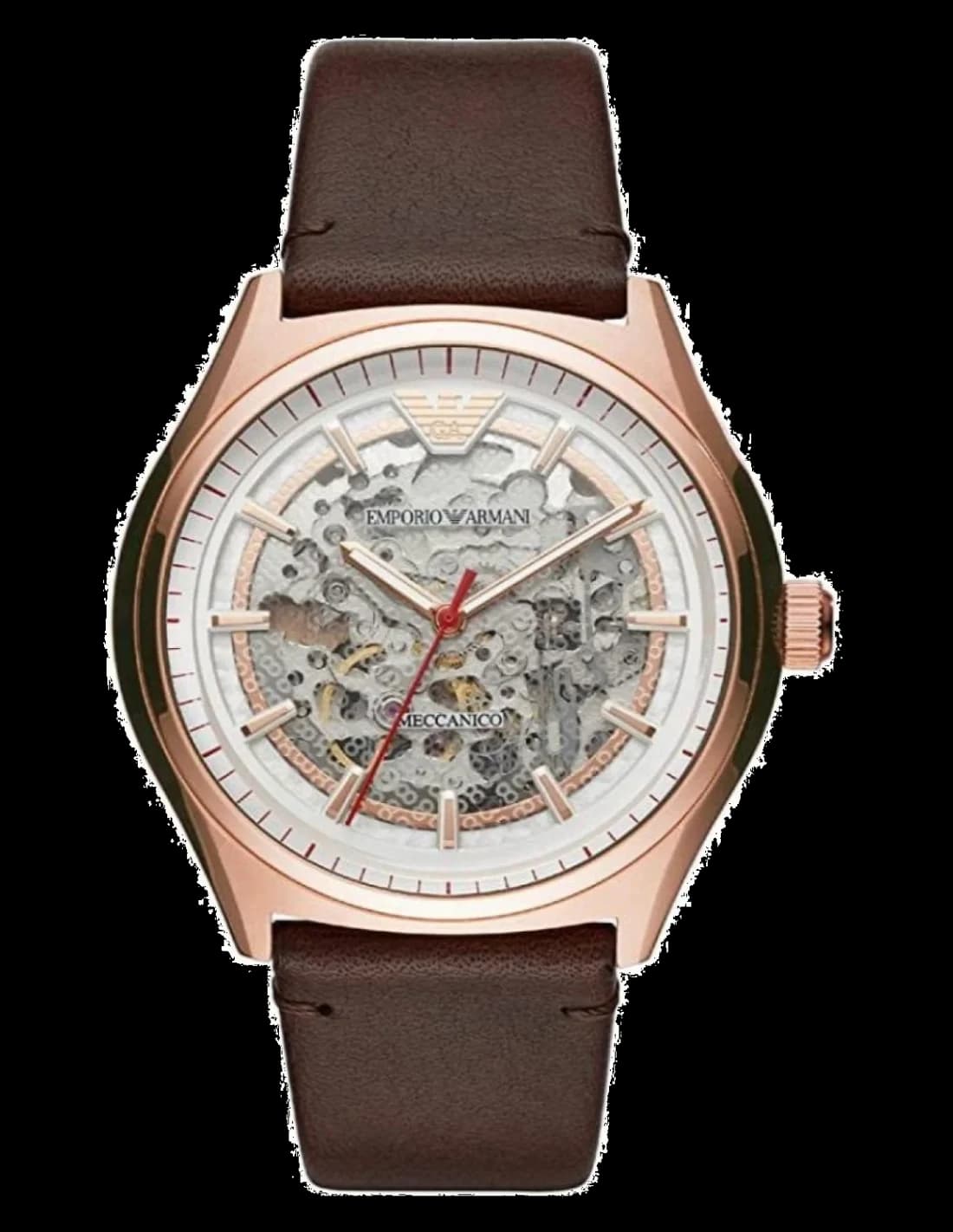 Montre Homme Emporio Armani Zeta AR60005 Automatique Squelette - Cadran Argent, Boîtier Or Rose, Bracelet Cuir Marron