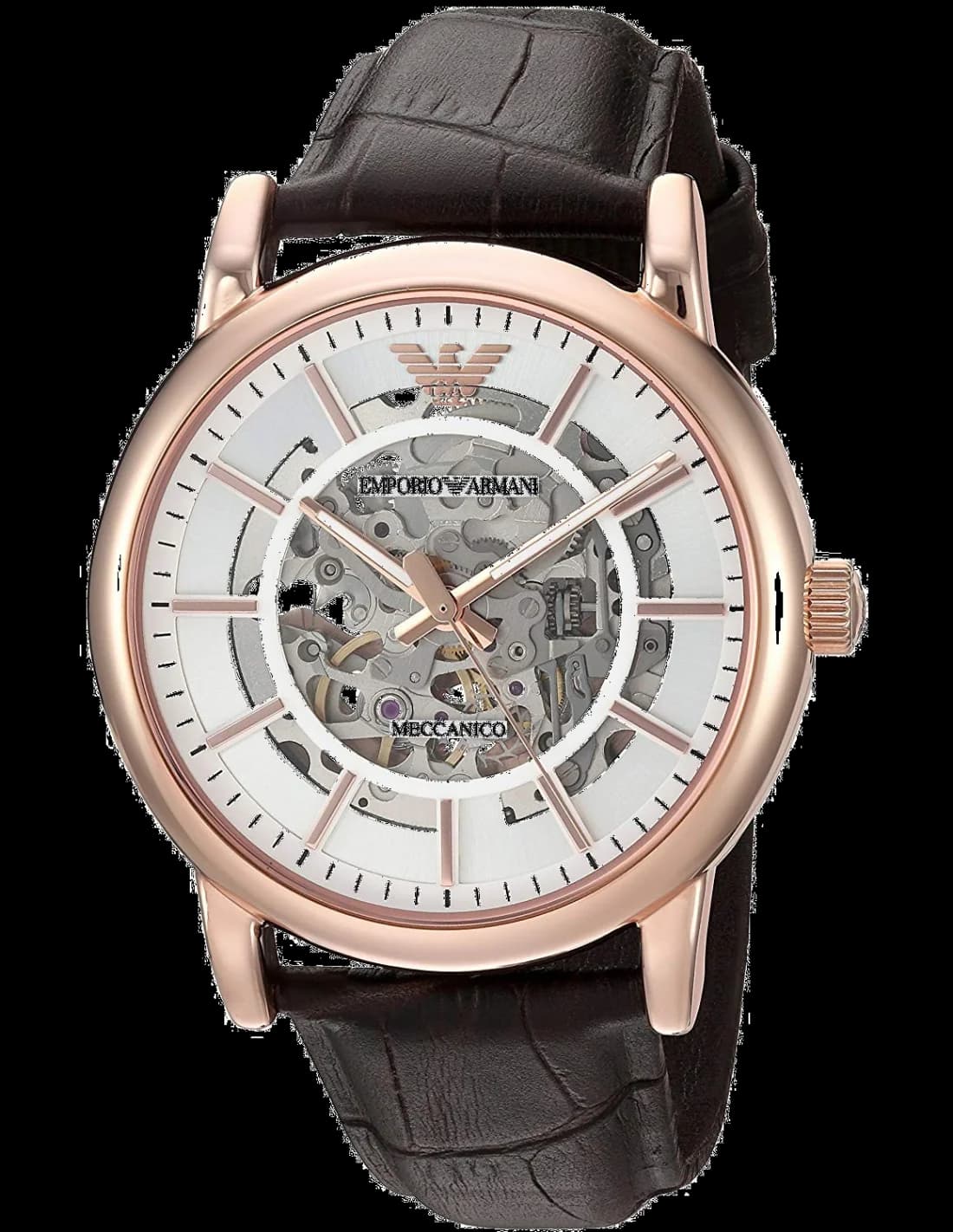 Montre Homme Emporio Armani AR60007 Automatique Squelette, Boîtier Or Rose, Cadran Blanc, Bracelet Cuir Marron