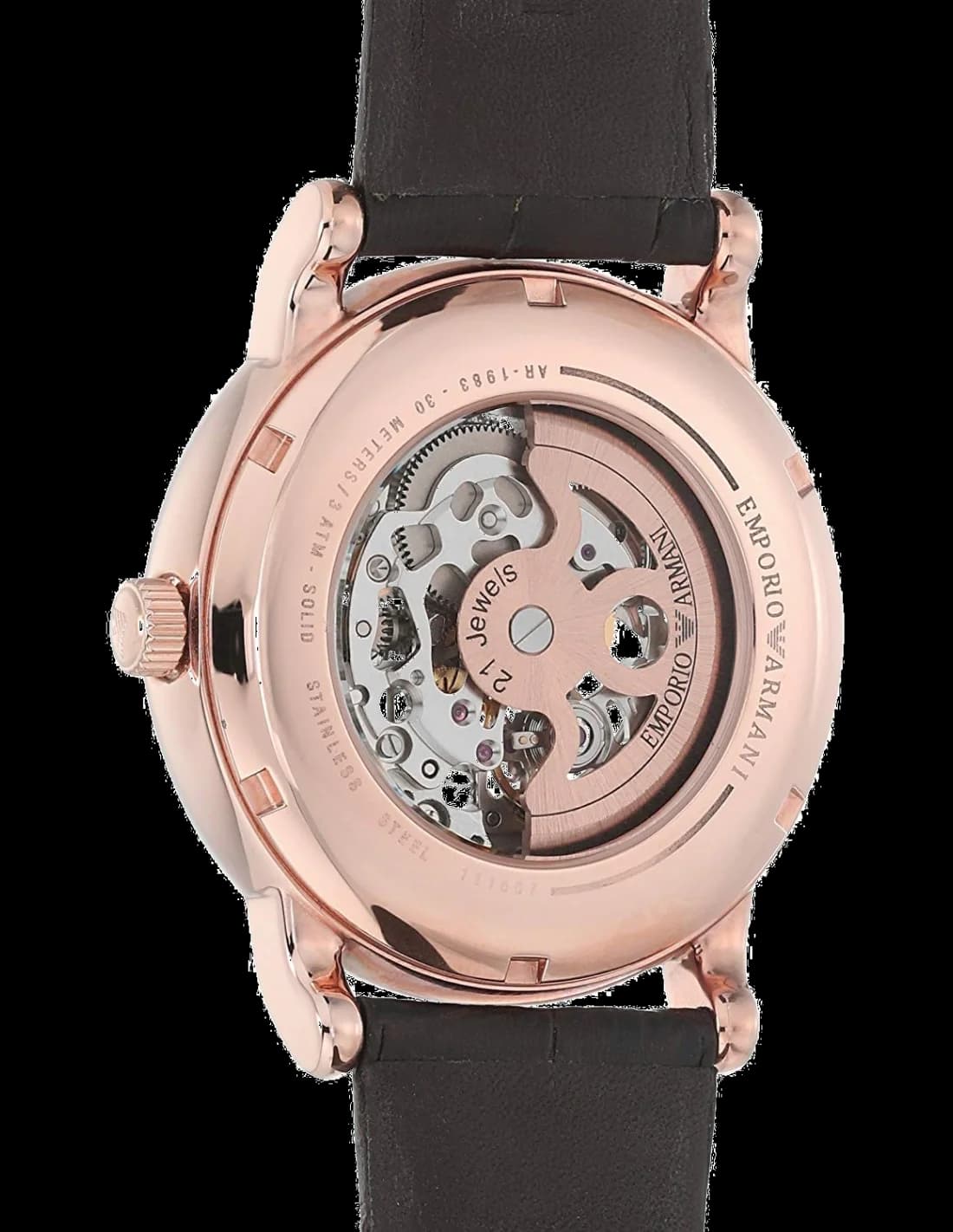 Visage cadran Emporio Armani AR60007 révèle structure ouverte automatique avec ponts noirs, rouage visible et petit guichet date