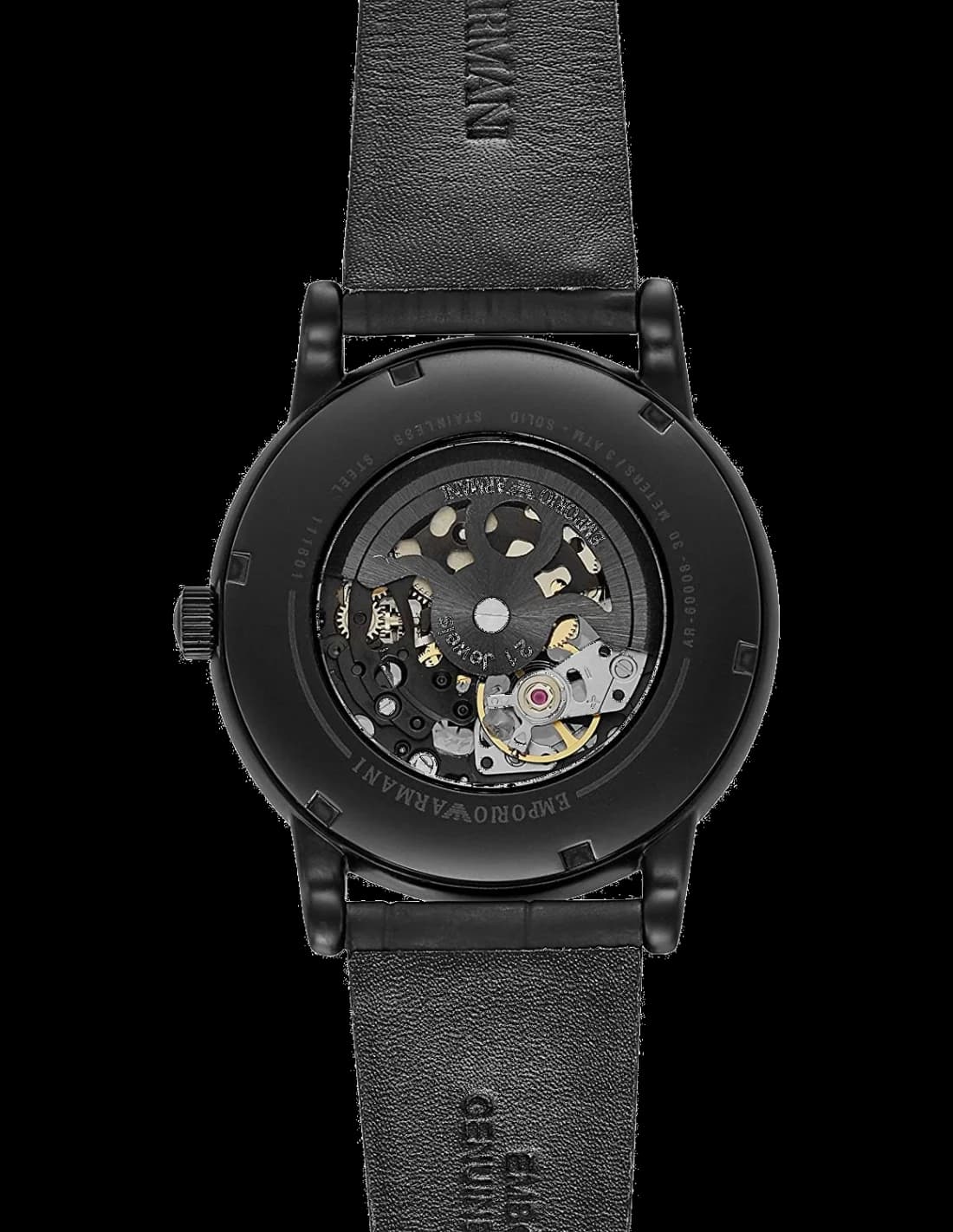 Visage cadran Emporio Armani AR60008 dévoile des index appliqués en acier, une minuterie chemin de fer et guichet date à 3h sur fond noir satiné
