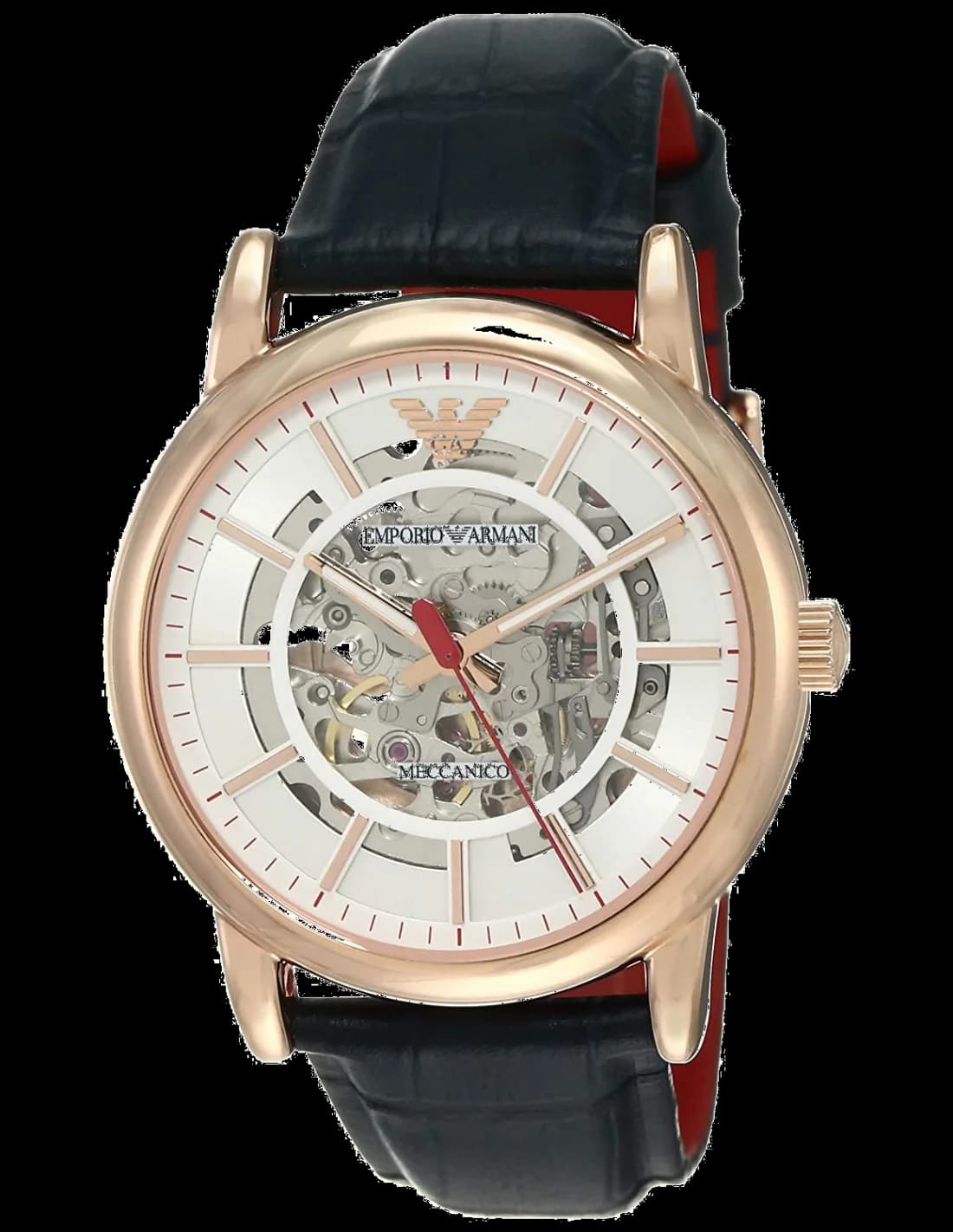 Montre Homme Emporio Armani AR60009 Automatique Squelette - Cadran Blanc, Bracelet Cuir Bleu, Boîtier Or