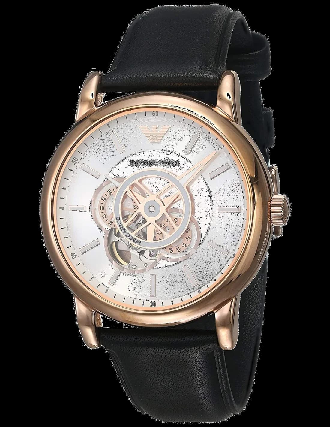 Montre Homme Emporio Armani Luigi AR60013 Automatique Squelette - Boîtier Or Rose, Cadran Argent, Bracelet Cuir Noir