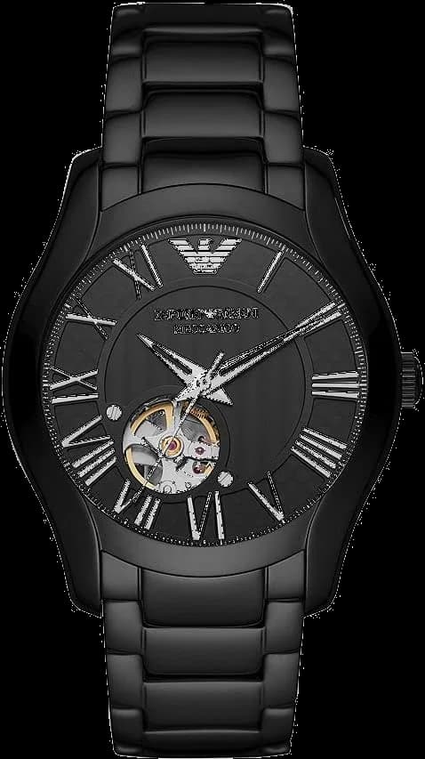 Montre Homme Emporio Armani Meccanico AR60014, boîtier et bracelet acier noir, mouvement automatique apparent