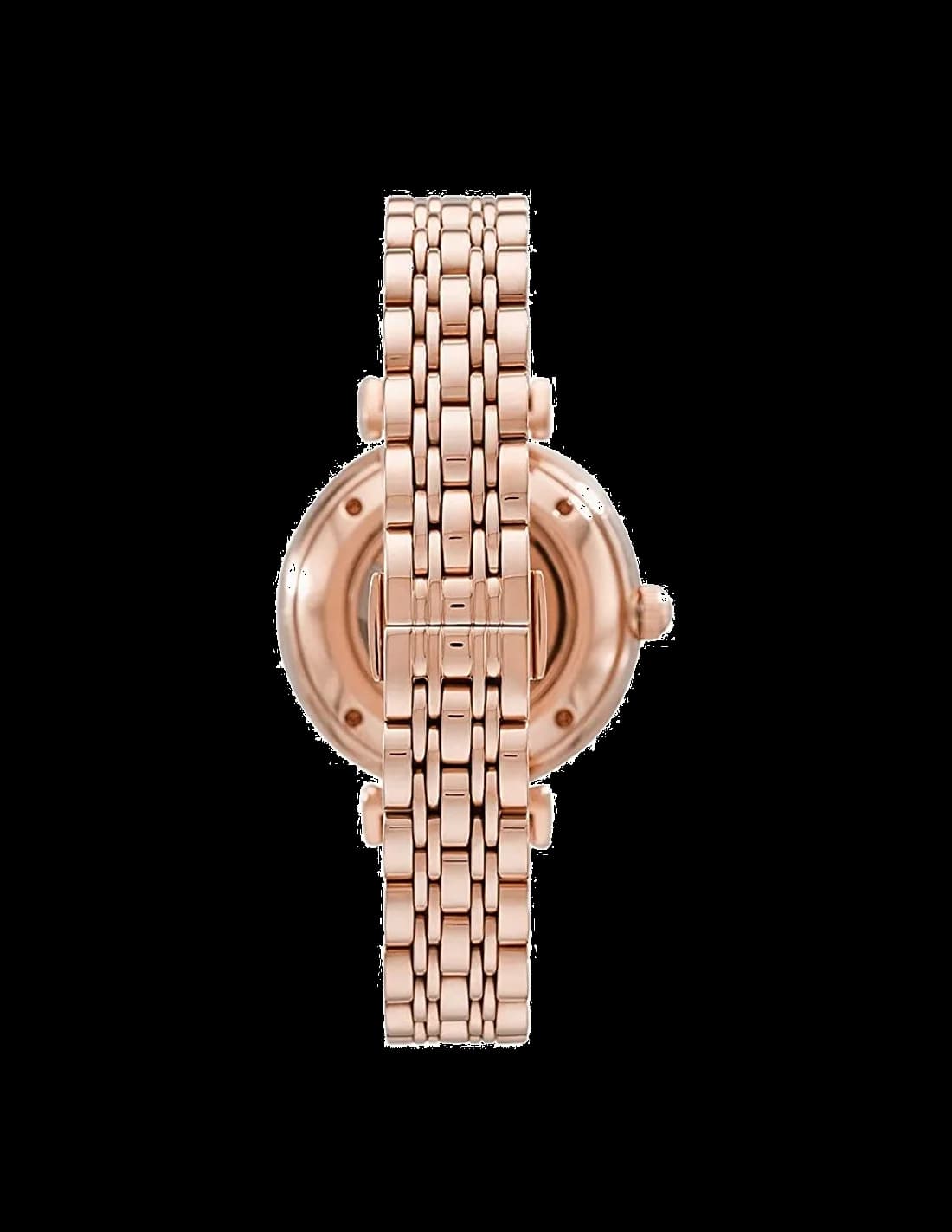 Visage cadran Emporio Armani AR60023 dévoile mouvement automatique visible via squelette avec index appliques et aiguilles luminescentes