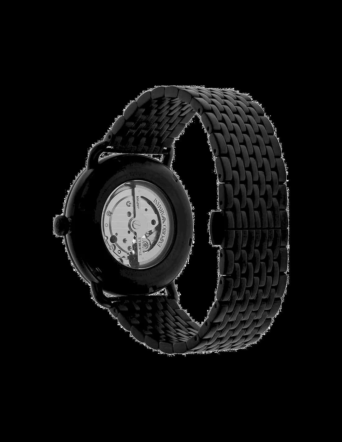Visage cadran Emporio Armani AR60025 dévoile mouvement automatique, index appliqués et aiguilles baton squelettées