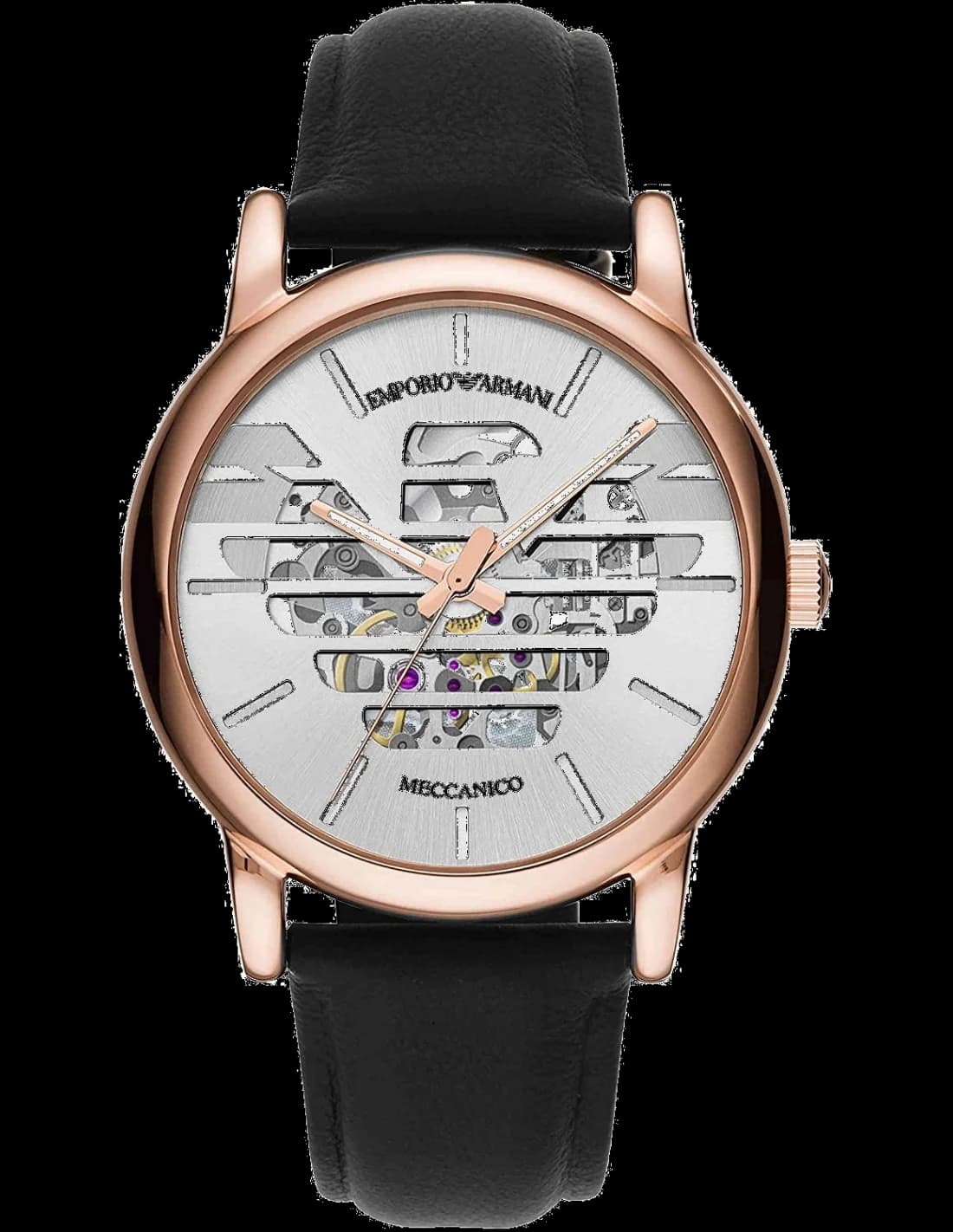 Montre Homme Emporio Armani AR60031 Cadran Squelette Argent Boîtier Or Bracelet Cuir Noir