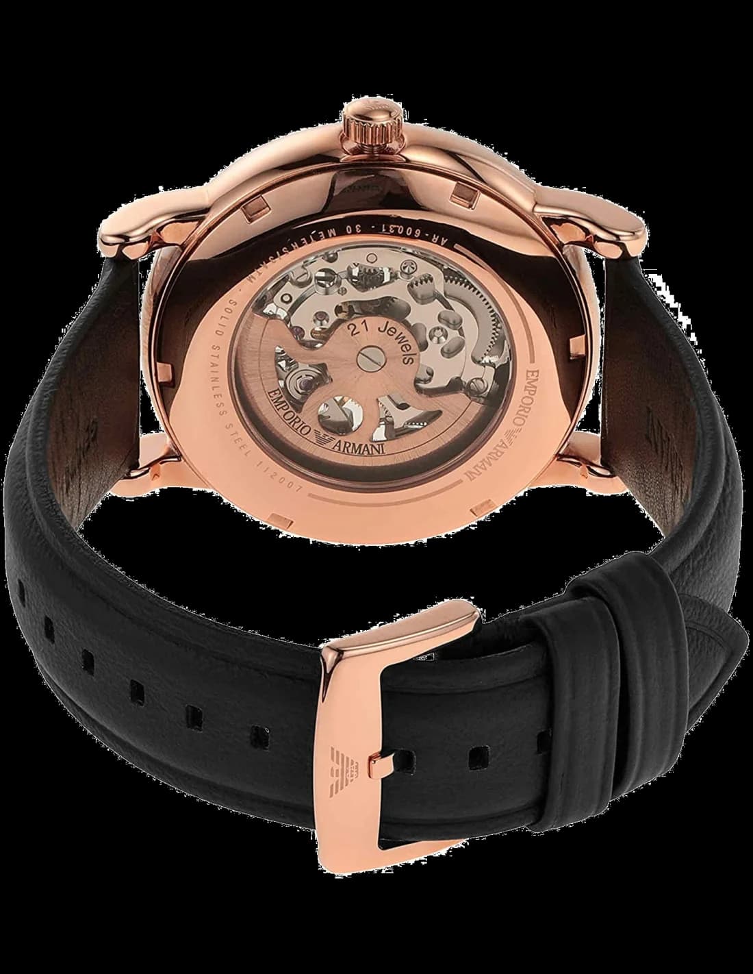 Attache bracelet Emporio Armani AR60031 en cuir noir cousu main avec fermoir déployant à double boucle et poussoirs en acier inoxydable