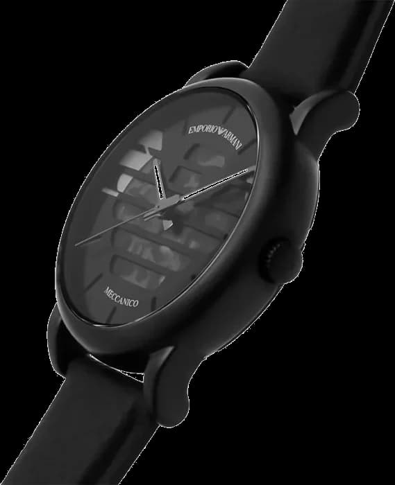 Attache bracelet Emporio Armani AR60032 en cuir noir cousu main avec boucle ardillon gravée du logo
