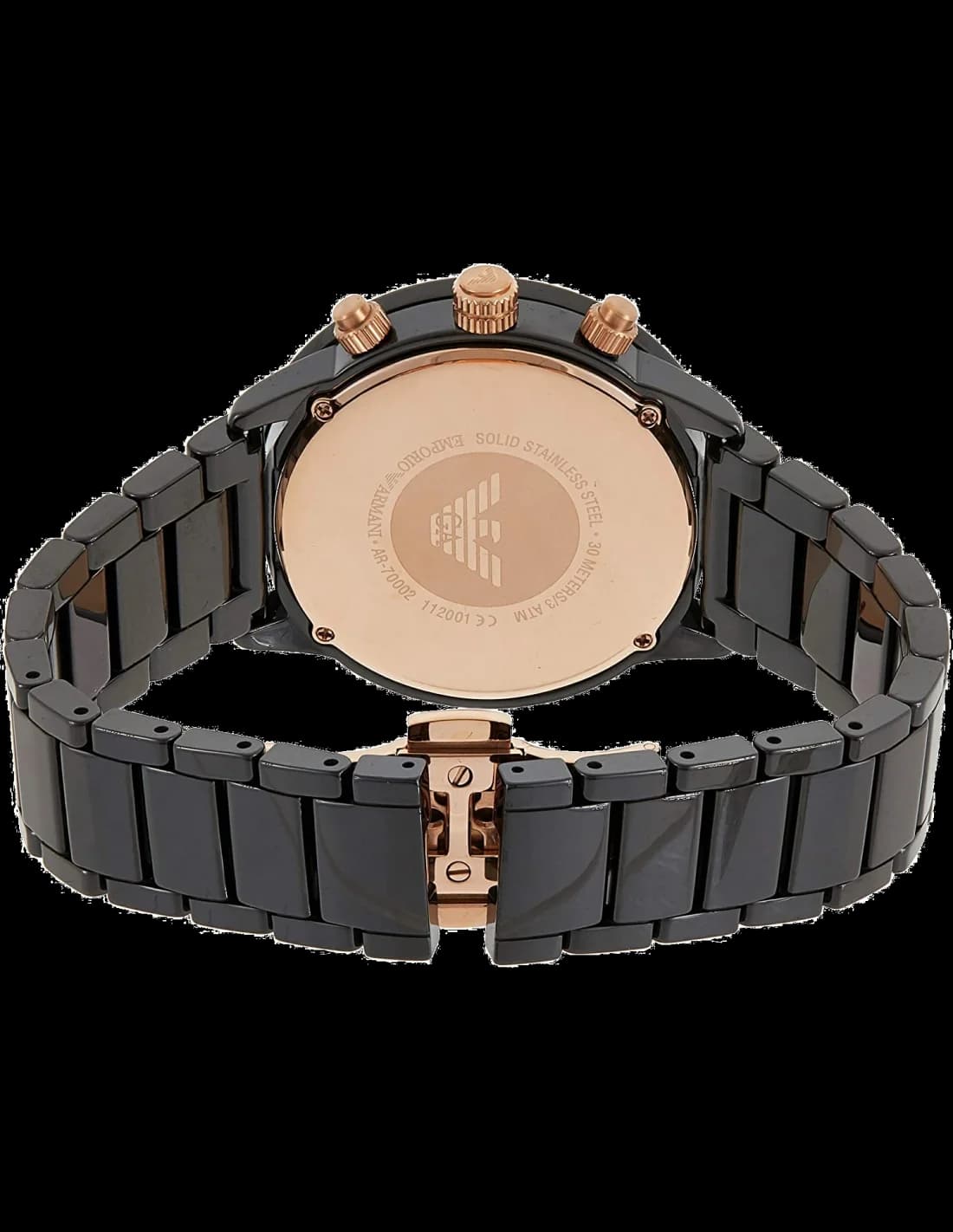 Attache bracelet Emporio Armani AR70002 en céramique noire polie, fermoir déployant triple boutons-poussoirs, maillons intégrés lisses