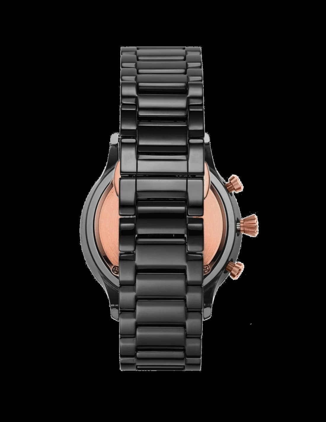 Visage cadran Emporio Armani AR70006 détail aiguilles bâton, compteurs chronographe à 6h et 12h, date à 3h, index argentés