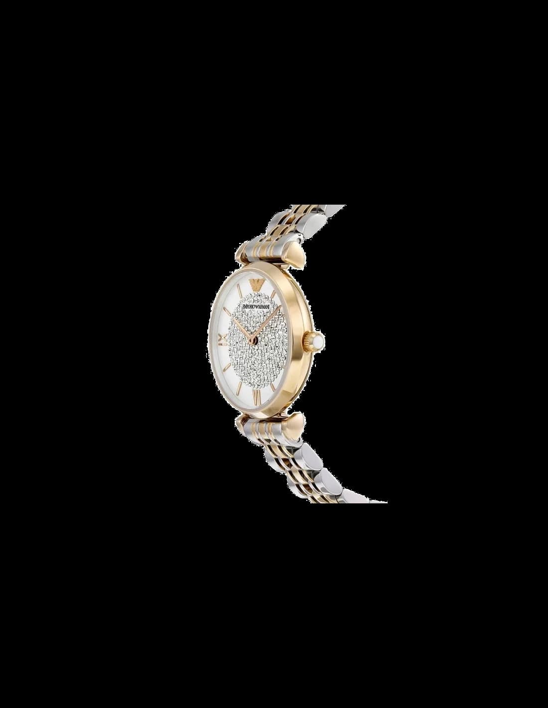 Visage cadran Emporio Armani AR8031 dévoile index appliqués et aiguilles en acier doré, guichet date à 3h, motif nacre lumineux