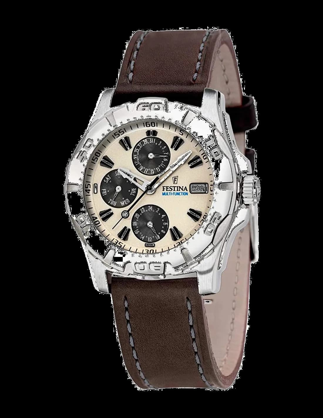 Montre Homme Festina F16243/A Multifonction Acier Cadran Beige Bracelet Cuir Marron