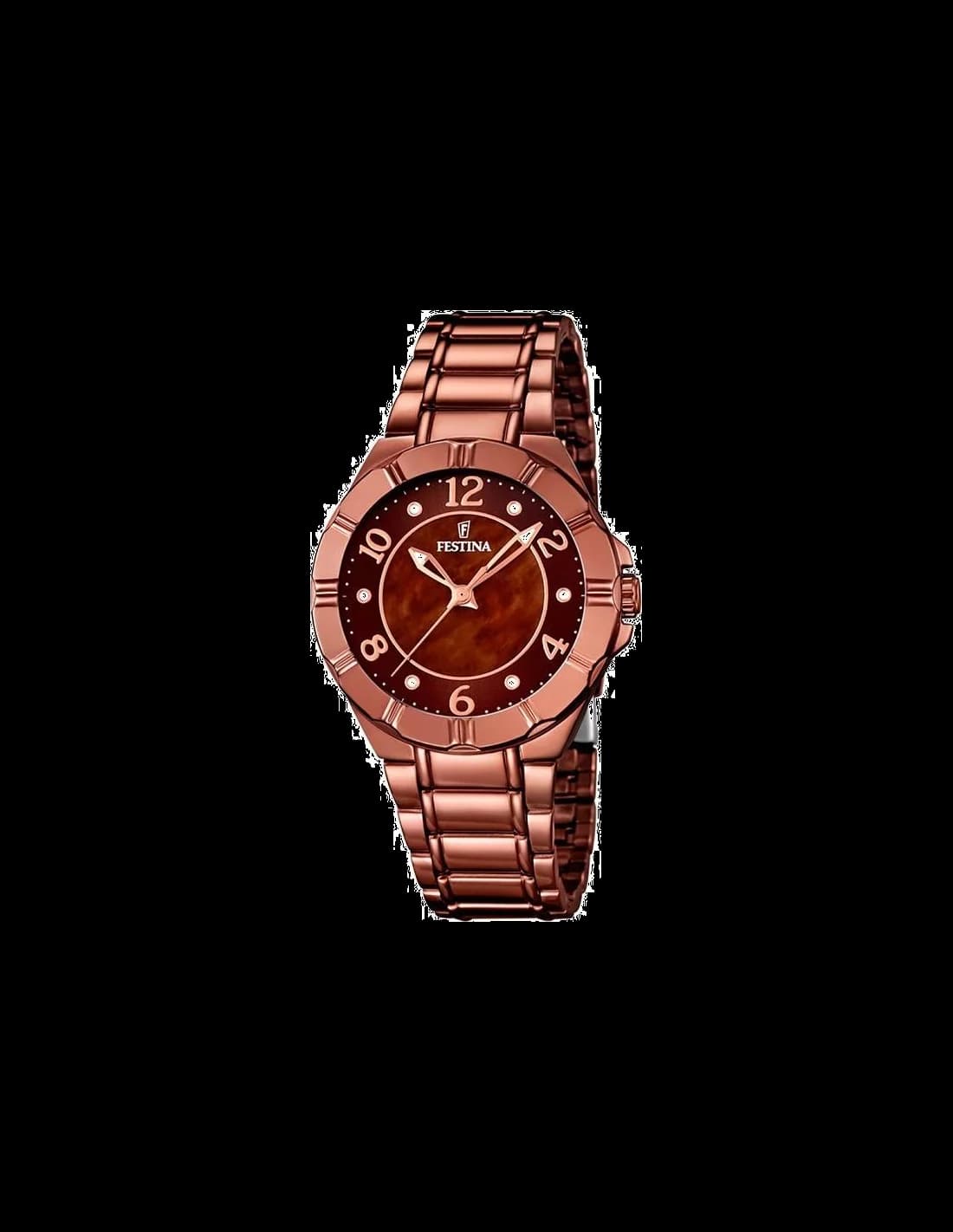 Montre Festina F16729/1 pour Femme - Cadran Marron, Boîtier et Bracelet Acier Or Rose