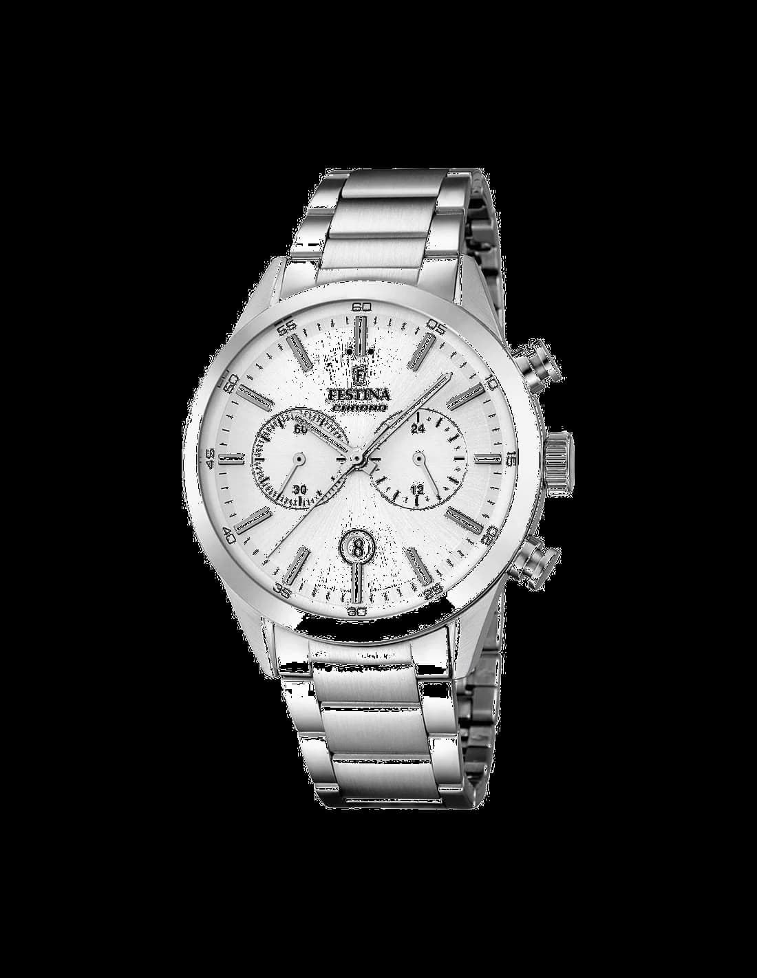 Garde-temps Festina F16826/1 avec cadran argenté soleillé, aiguilles bâtons et index appliqués, guichet date à 3h
