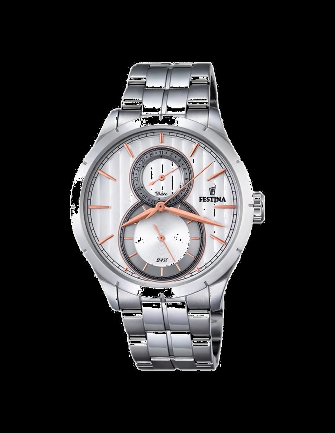 Garde-temps Festina F16891/2 arborant un cadran argenté avec index bâtons et aiguilles luminescentes sur fond soleillé