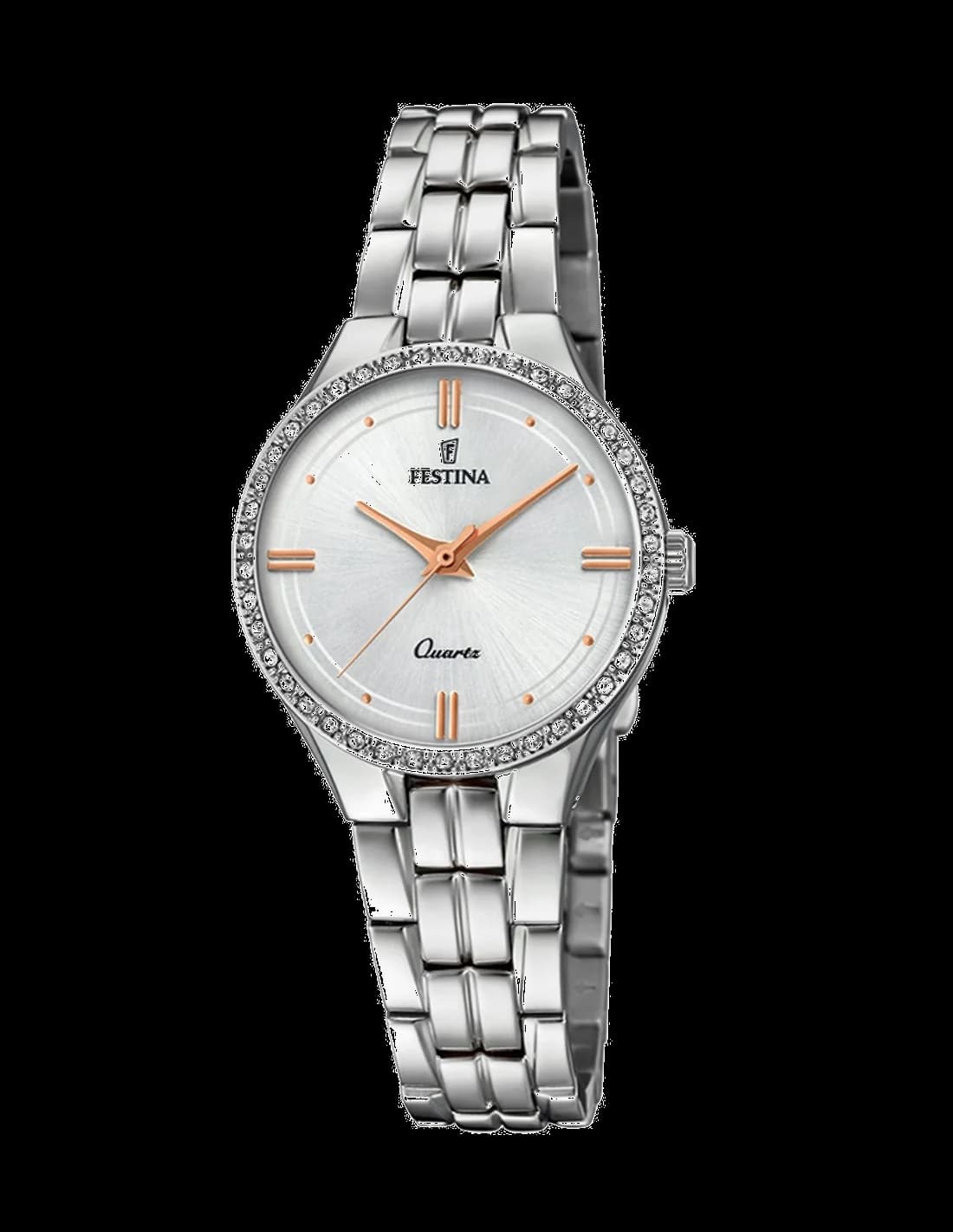 Garde-temps Festina F20218/1 au cadran argenté soleillé, aiguilles dorées et index bâtons, élégance intemporelle