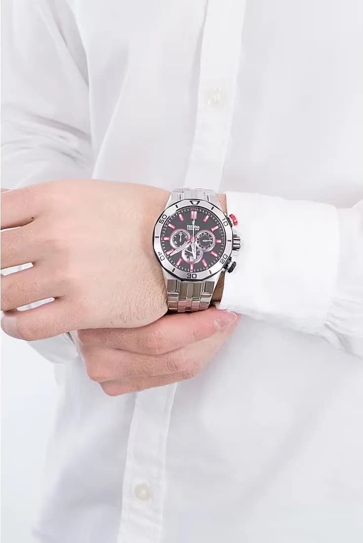 Visage cadran Festina F20448/7 noir soleil avec compteurs chrono blancs, aiguilles argentées et index appliqués bâtons pour lisibilité optimale