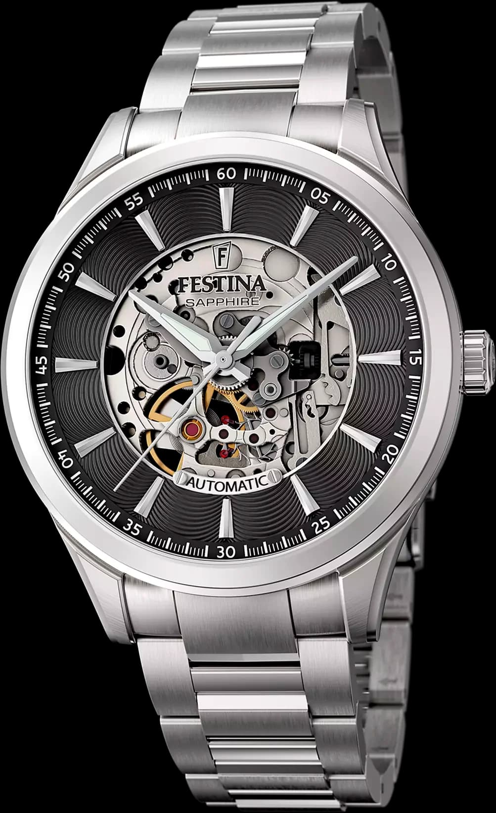 Garde-temps Festina F20536/4 affichant son mouvement automatique squelette sur fond gris soleillé et index bâtons argentés
