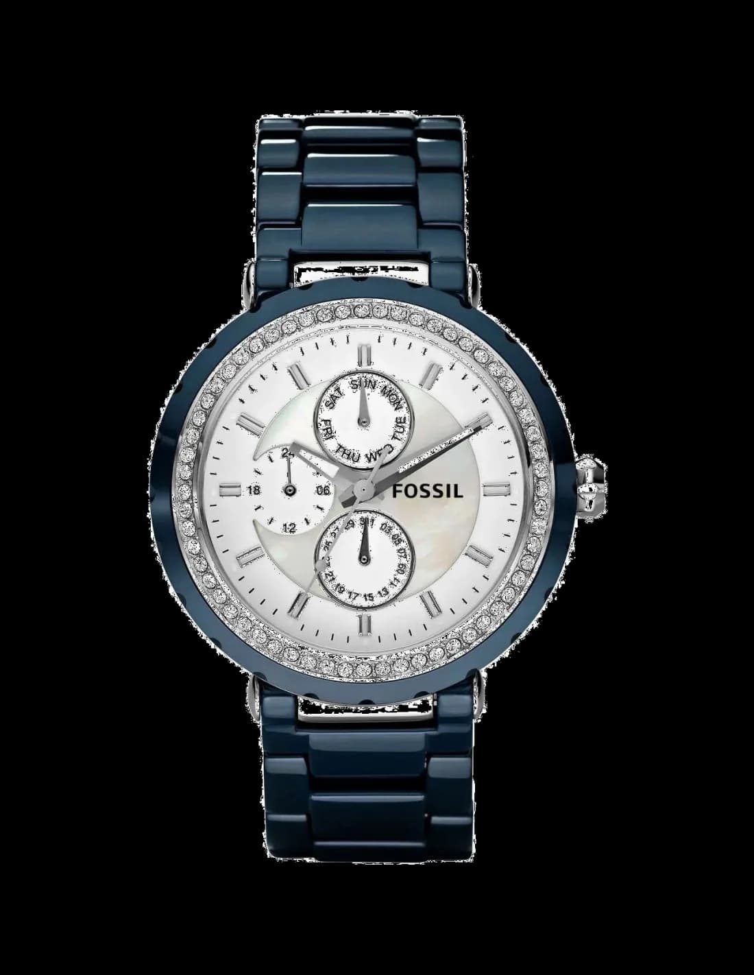 Montre Femme Fossil CE1047 - Cadran Blanc, Bracelet Céramique Bleue et Céramique